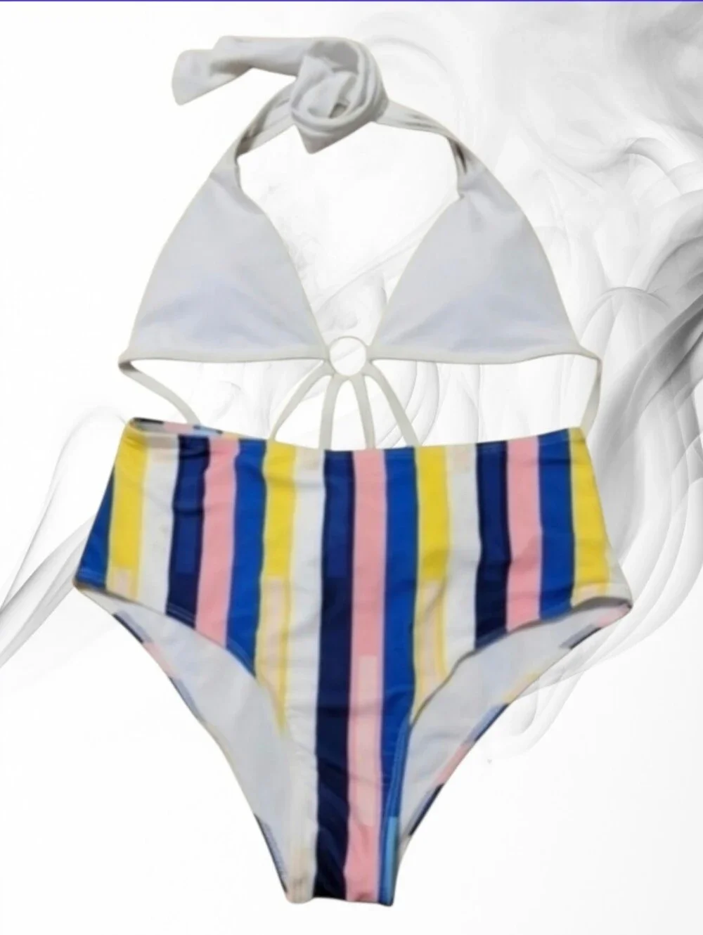 SHEIN White Halter Bikini Top with Multicolor Striped High-Waist Bottoms